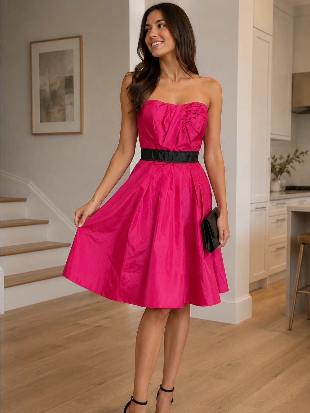 Angelina Faccenda Strapless Fuchsia Pink Cocktail Dress Black Waist Size 10